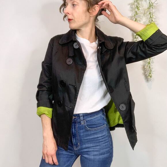 SOIA & KYO black cotton jacket belted double row buttons scoop pockets - Picture 2 of 14